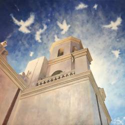 Acrylic painting of clouds that look like doves over San Xavier Mission near Tucson.