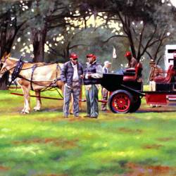 An oil painting of participants getting ready for a Bird Dog Field Trial next to a wagon.