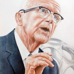 A watercolor portrait of Buckminster Fuller.