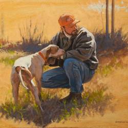 An oil painting of a handler and Pointer Bird Dog in the field during a hunt.