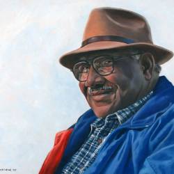 An oil painting portrait of CJ - a top bird dog trainer at Pineland.
