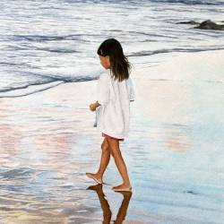 A watercolor painting portrait of a little girl collecting seashells at the shore.