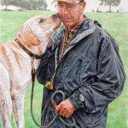 A watercolor painting of a Yellow Lab kissing his handler and owner.