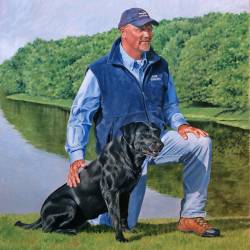 Oil painting portrait of a field trial handler and his National Champion Black Lab.