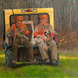 An oil painting of two hunters and their English Setter at the end of a hunt.