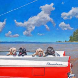 An acrylic painting of four Lab puppies in a Ford Ranchero.