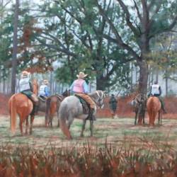 An oil painting of a Bird Dog Field Trial scene.