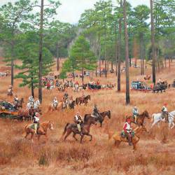An oil painting of the 100th running of a Georgia/Florida Bird Dog Field Trial.