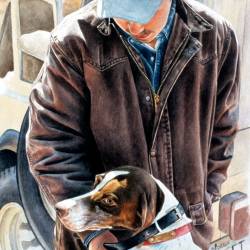 A watercolor of a handler and his Pointer Bird Dog.