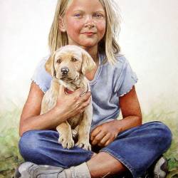An acrylic painting of a young girl holding her pet Yellow Lab puppy.
