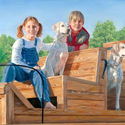 An oil painting of two children and two English Setters on a quail wagon.