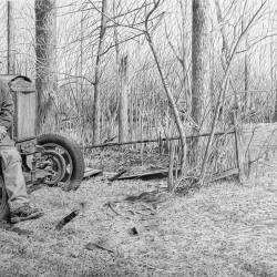 A graphite drawing of an Iowa Farmer sitting on a tractor at his homestead farm.
