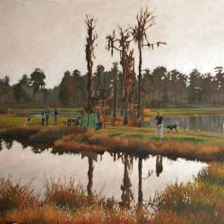 An oil painting of a retriever hunt test.