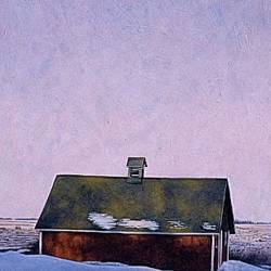 Acrylic painting of an Iowa corn crib.