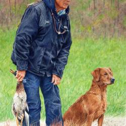 A watercolor painting of a handler and her Hunt Test Retriever.
