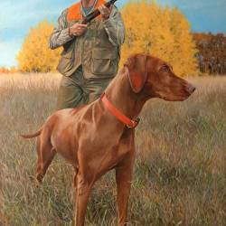 An oil painting of a Vizsla and hunter in the field.