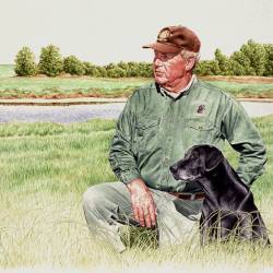 A watercolor portrait of a National Amateur Champion Black Lab and his owner near a pond.