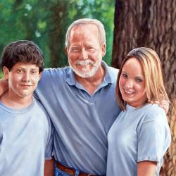 An oil portrait of a man and his two children.