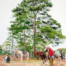 A watercolor painting of a bird dog field trial scene.
