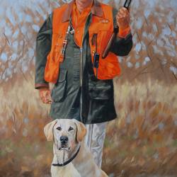 An oil painting of a Yellow Lab with his owner posing on a pheasant hunt.