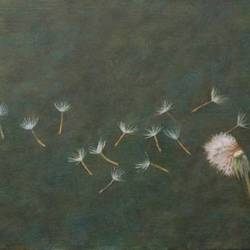An oil painting of a child blowing dandelion seeds towards a pet Black Lab.