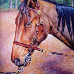 An acrylic painting of a horse - close up view of the head.