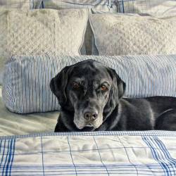 A watercolor painting of a pet Black Lab resting on a bed.