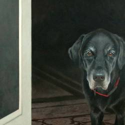 An oil painting of a Black Lab named Mac waiting at the front door for his master to come home.