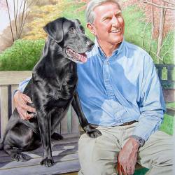 A watercolor of a Black Labrador and his owner posing in their garden.