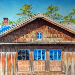 Watercolor painting of the reflection of flushing quail in an old house's windows.