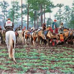 A watercolor on gesso painting of a Bird Dog Field trial scene with horses and riders.