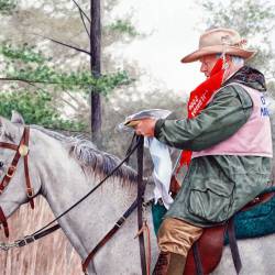A watercolor painting of a horse and rider at a Bird Dog Field Trial.