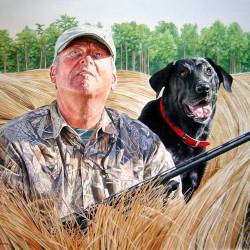Watercolor Portrait of a Hunter in a duck blind and his Black Lab.