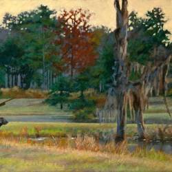 An acrylic painting of a hunt test Lab waiting to be sent from the line.