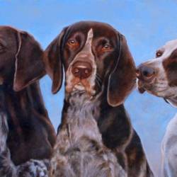 An oil painting portrait of seven German Shorthaired Pointers.