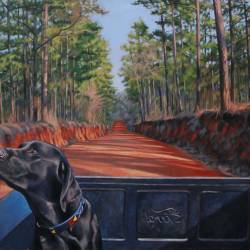 An acrylic painting of a Black Lab riding down a North Florida road named Sunnyhill.