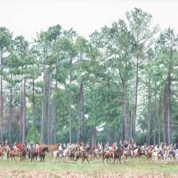 A watercolor of a gallery of horses and riders at a Bird Dog Field Trial.