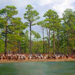 An oil painting of a gallery of horses and riders at a field trial.