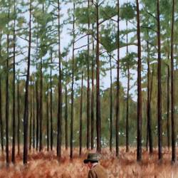 An oil painting of a handler on horse and his running Pointer Bird Dog in the field.