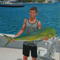 An oil painting of a fisherman holding a Mahi Mahi in the Bahamas.