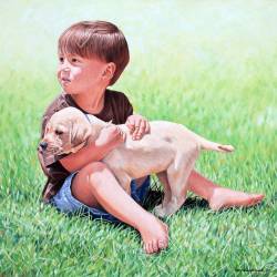 An oil painting portrait of a little boy and his Yellow Lab puppy.