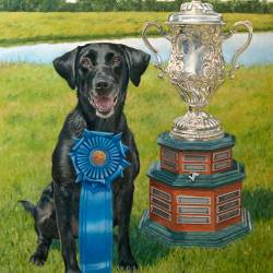National Field Trial Champion Black Lab named Windy next to her trophy.