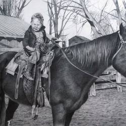 A graphite drawing of a little boy on a horse at his parent's ranch.