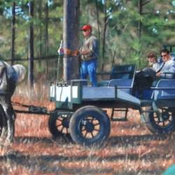 An oil painting portrait of several members of a Bird Dog field trial club while on horses at the trial.