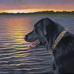 An oil painting of a Black Lab watching a sunset on a boat.