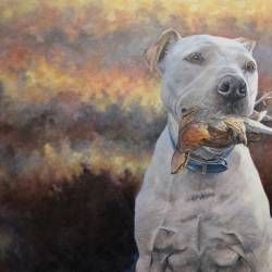 An oil painting of a beloved pet and a quail in his mouth.