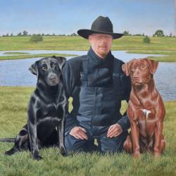 An oil portrait of a field trial handler and his two Labrador retrievers