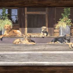 An oil painting of a Yellow Lab and three Border Terriers resting on a front porch step.