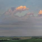 An oil painting of clouds over a rural Iowa landscape.