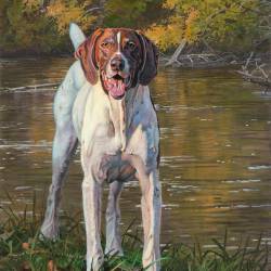 English Pointer painting by the Ausable River by Kim Diment
